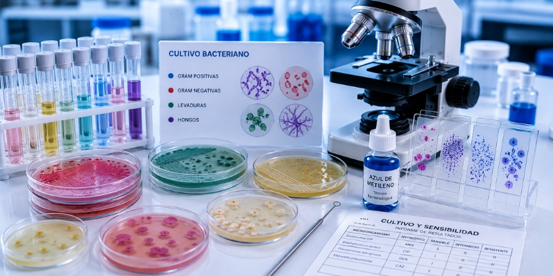 Especialista procesando muestras para estudios de microbiología en laboratorio clínico